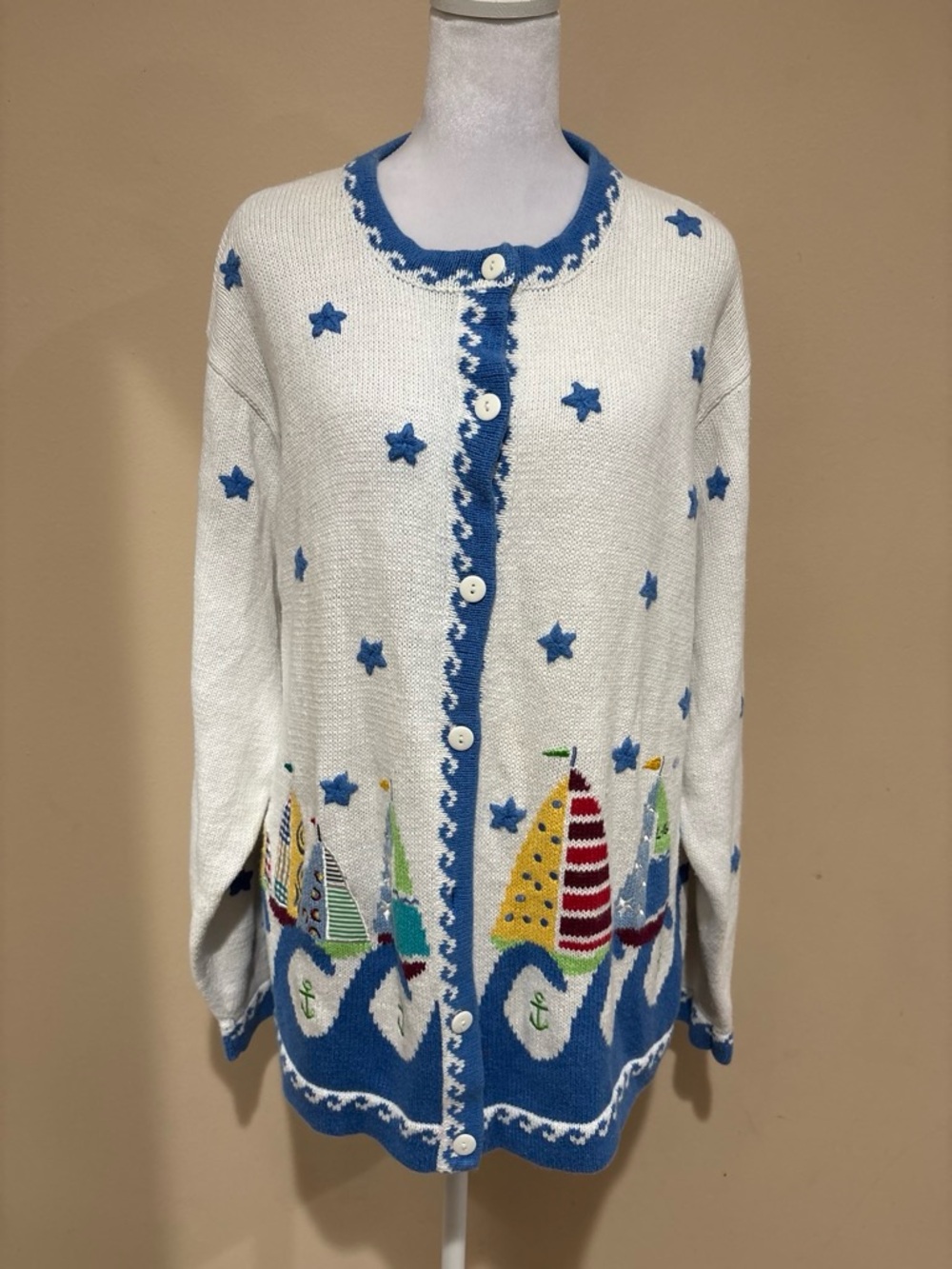 Quacker Factory White & Blue Nautical Sailboat Cardigan